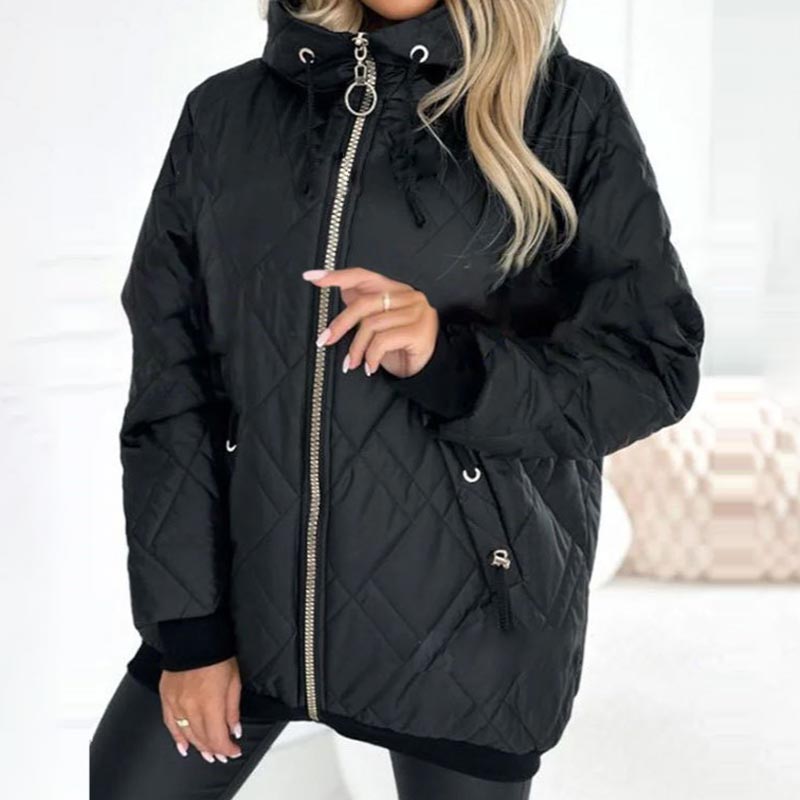 Adalene quilted hooded jacket in black, front view