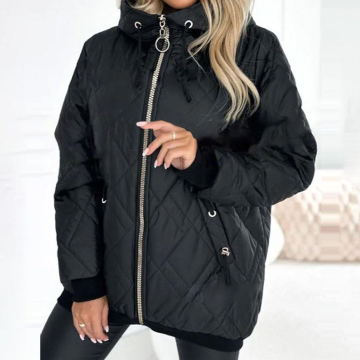 Adalene quilted hooded jacket in black, front view