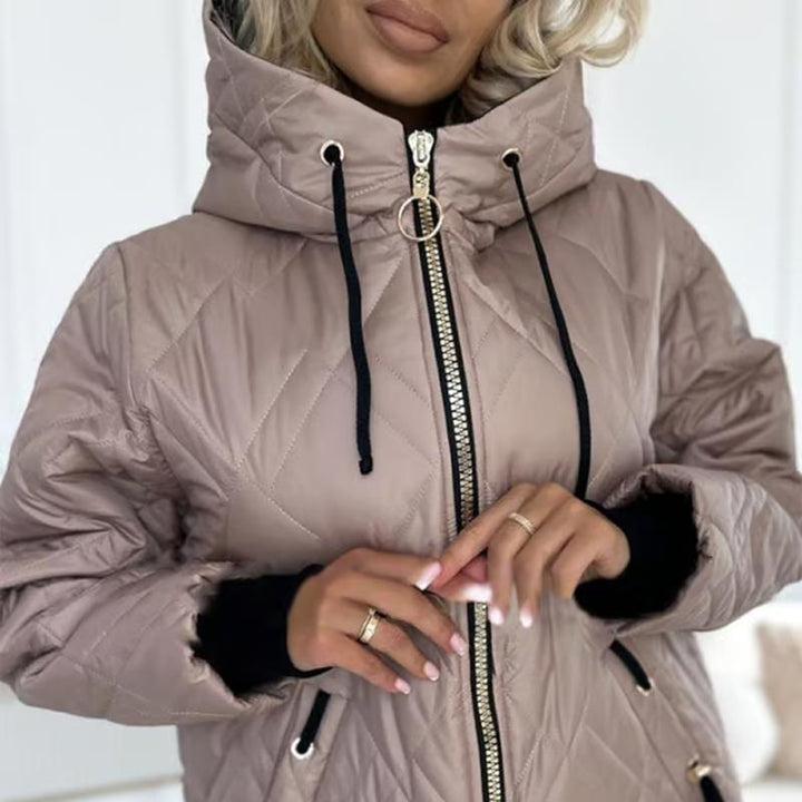 Adalene quilted jacket, close-up of hood and zipper hardware