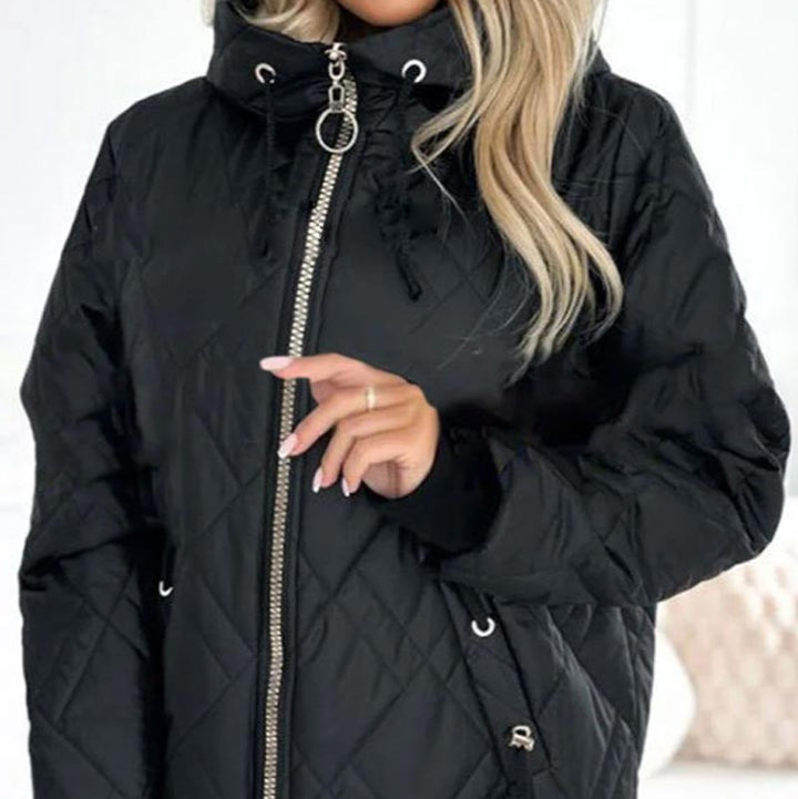 Adalene quilted jacket, close-up of hood and zipper hardware