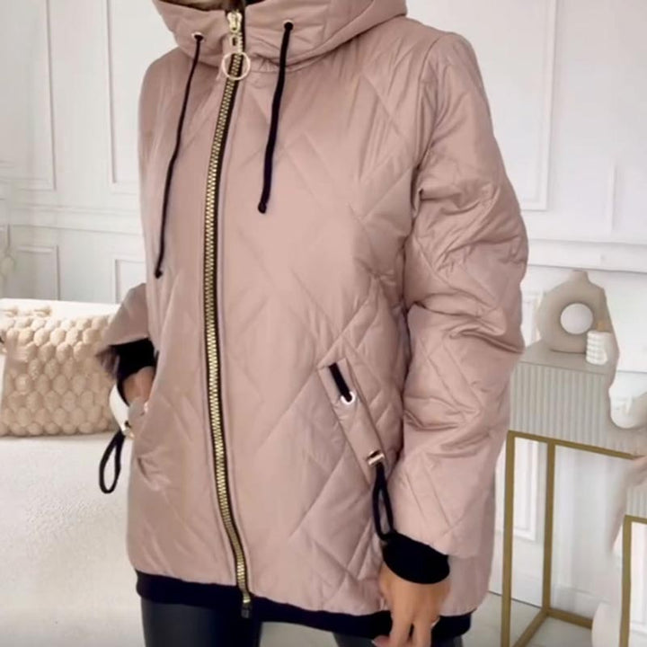 Adalene quilted jacket, close-up of hood and zipper hardware