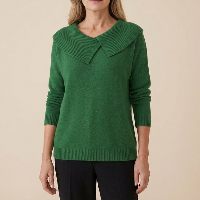 Adalyn asymmetric collar knit sweater, front view close-up