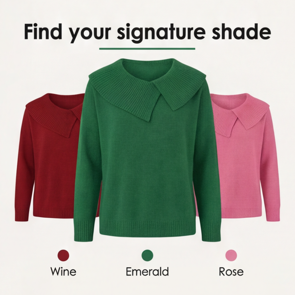Adalyn asymmetric collar knit sweater, worn at a cafe table