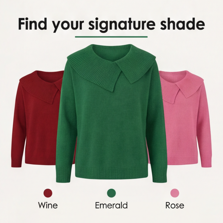 Adalyn asymmetric collar knit sweater, worn at a cafe table