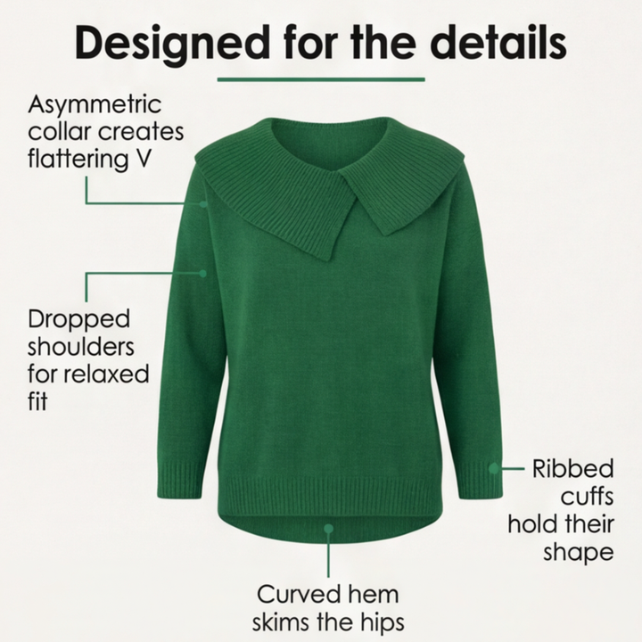 Adalyn asymmetric collar knit sweater, worn at a cafe table