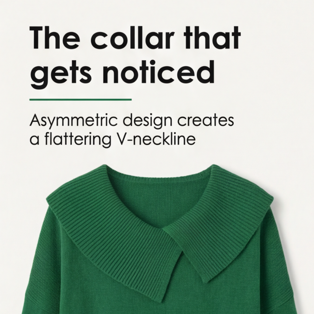 Adalyn asymmetric collar knit sweater, worn at a cafe table