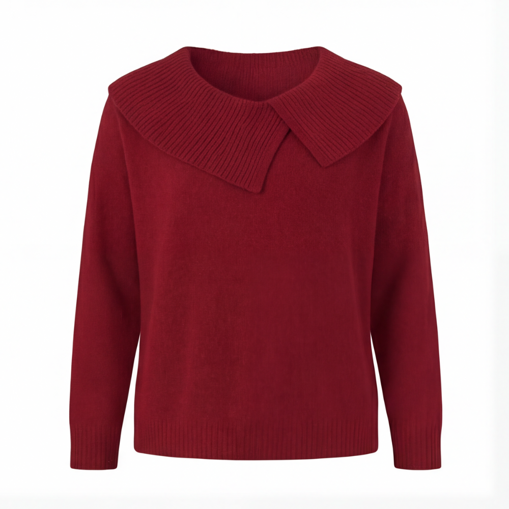 Adalyn asymmetric collar knit sweater, worn at a cafe table