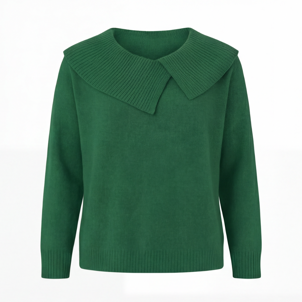 Adalyn asymmetric collar knit sweater, worn at a cafe table