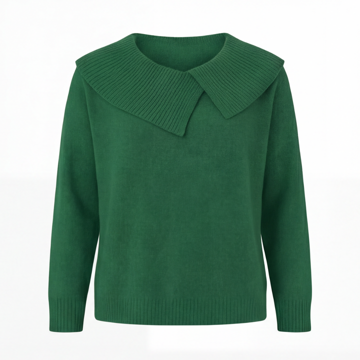 Adalyn asymmetric collar knit sweater, worn at a cafe table