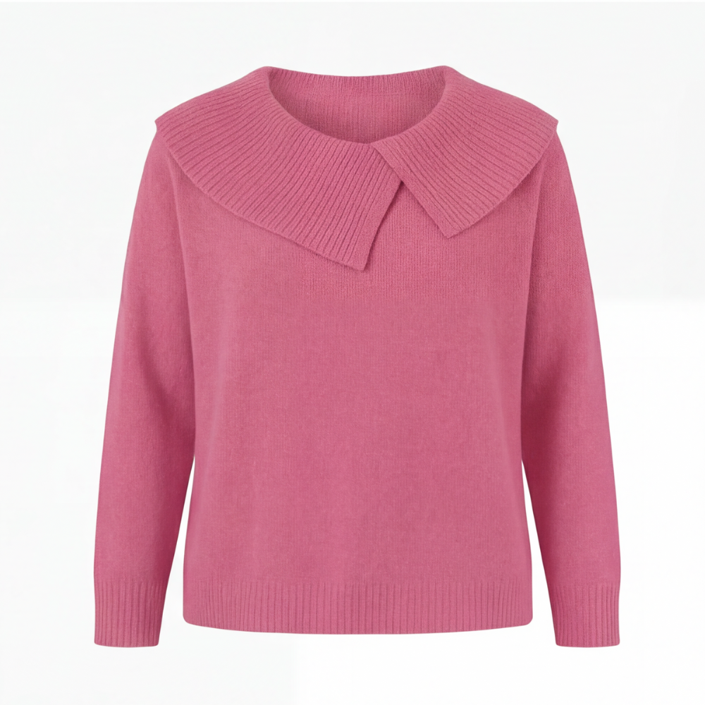 Adalyn asymmetric collar knit sweater, worn at a cafe table