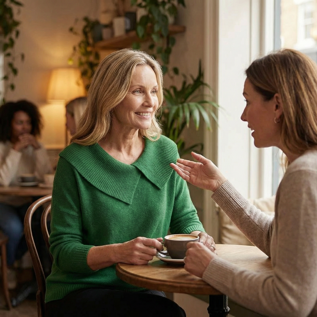 Adalyn asymmetric collar knit sweater, worn at a cafe table