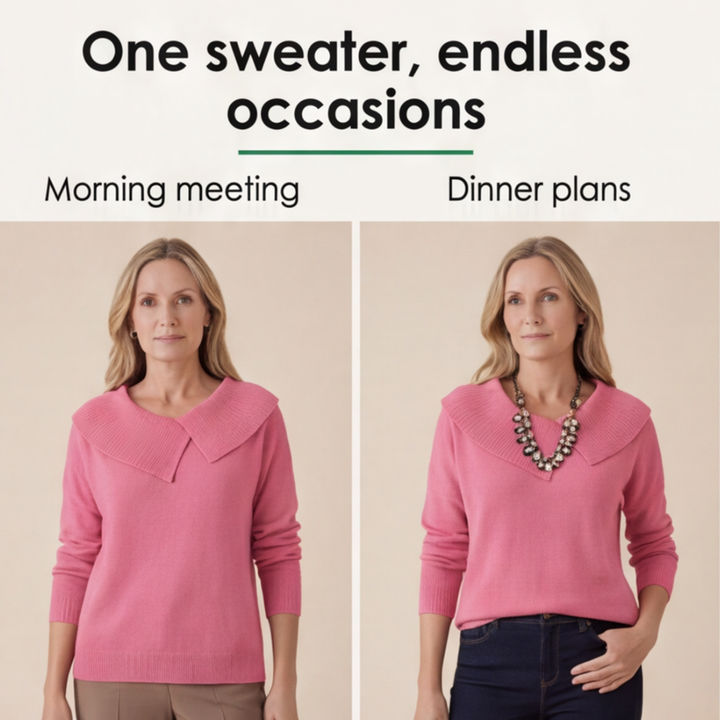Adalyn asymmetric collar knit sweater, worn at a cafe table