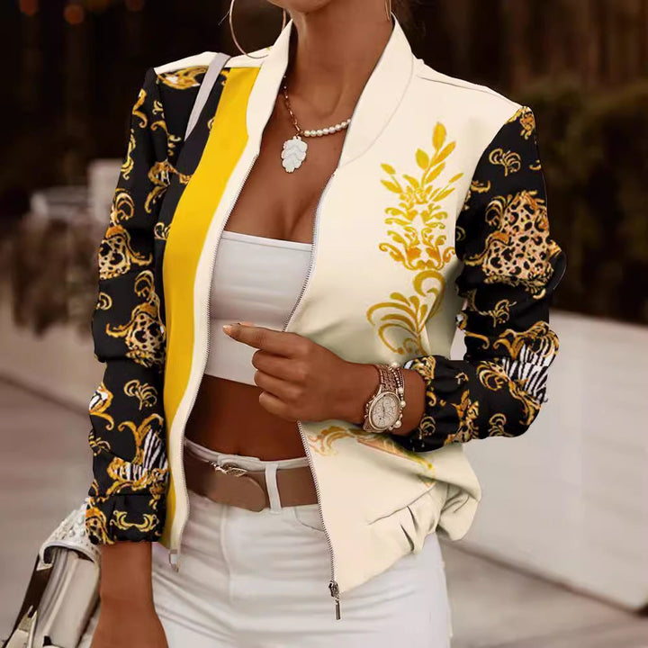Adalyn floral print bomber jacket in cream and black, front view close-up