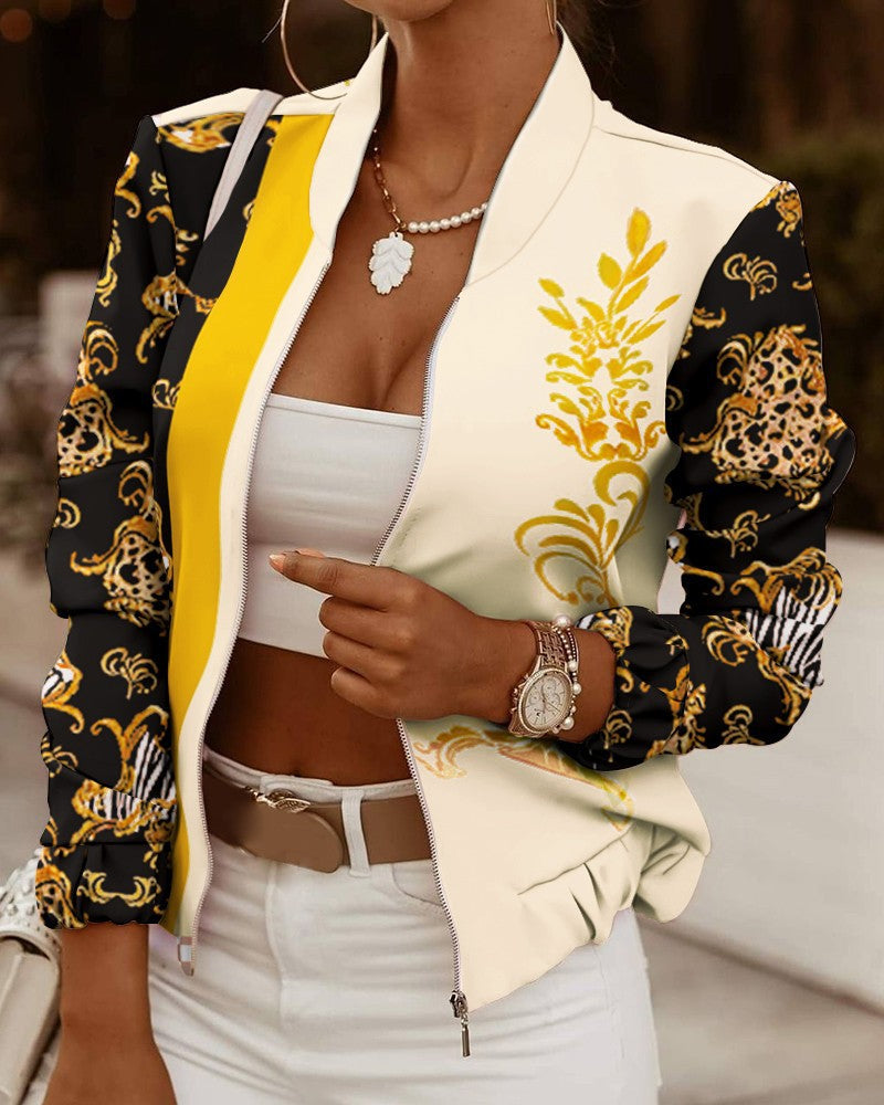 Adalyn floral print bomber jacket in cream and black, alternate front view