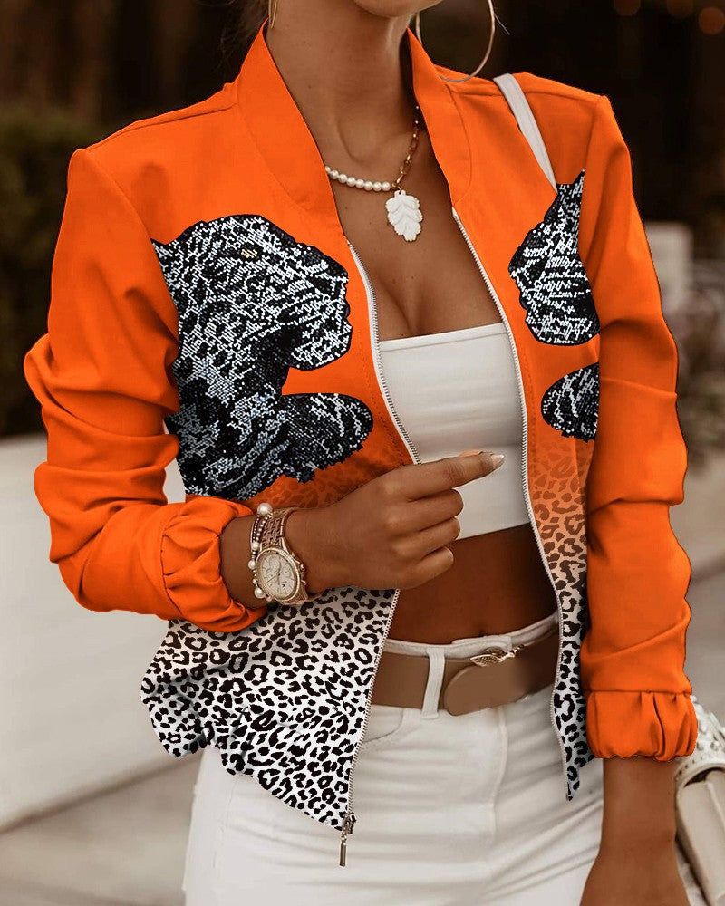 Adalyn bomber jacket with leopard print accent in orange, alternate view