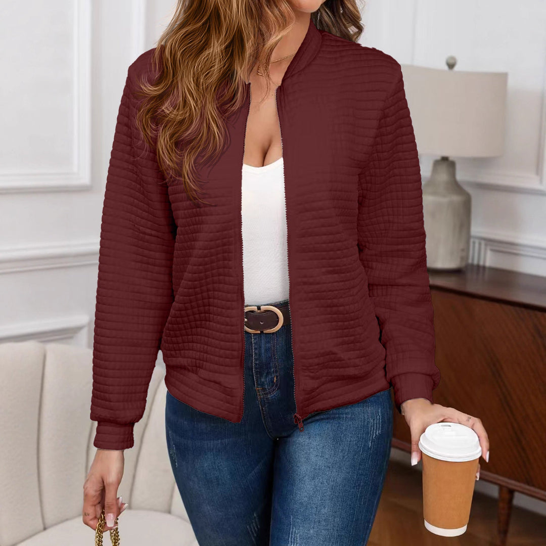 Adalyn quilted zip-up bomber jacket in burgundy, front view