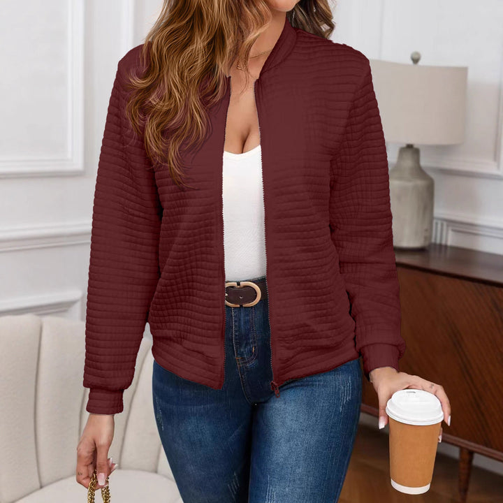 Adalyn quilted zip-up bomber jacket in burgundy, front view