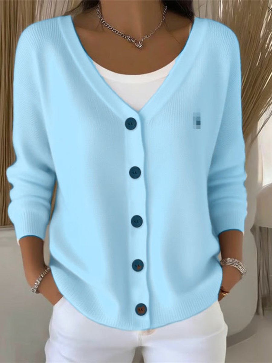 Adelina light blue button-front V-neck cardigan, front view