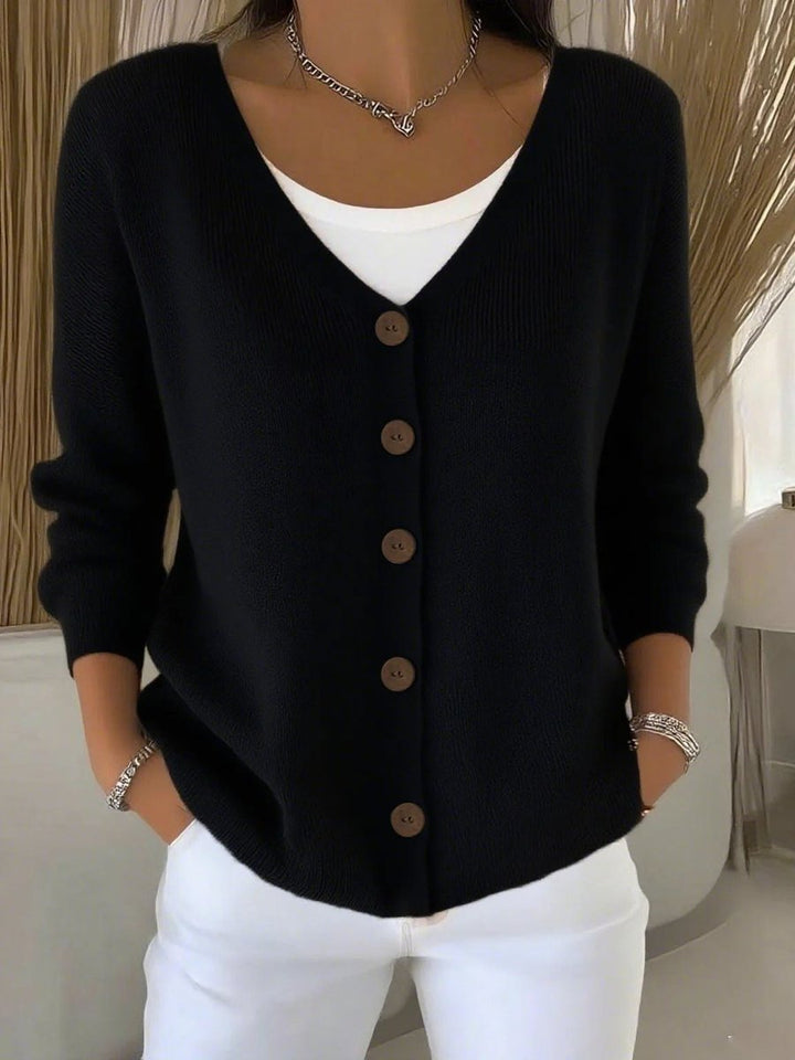 Adelina black button-front V-neck cardigan, front view