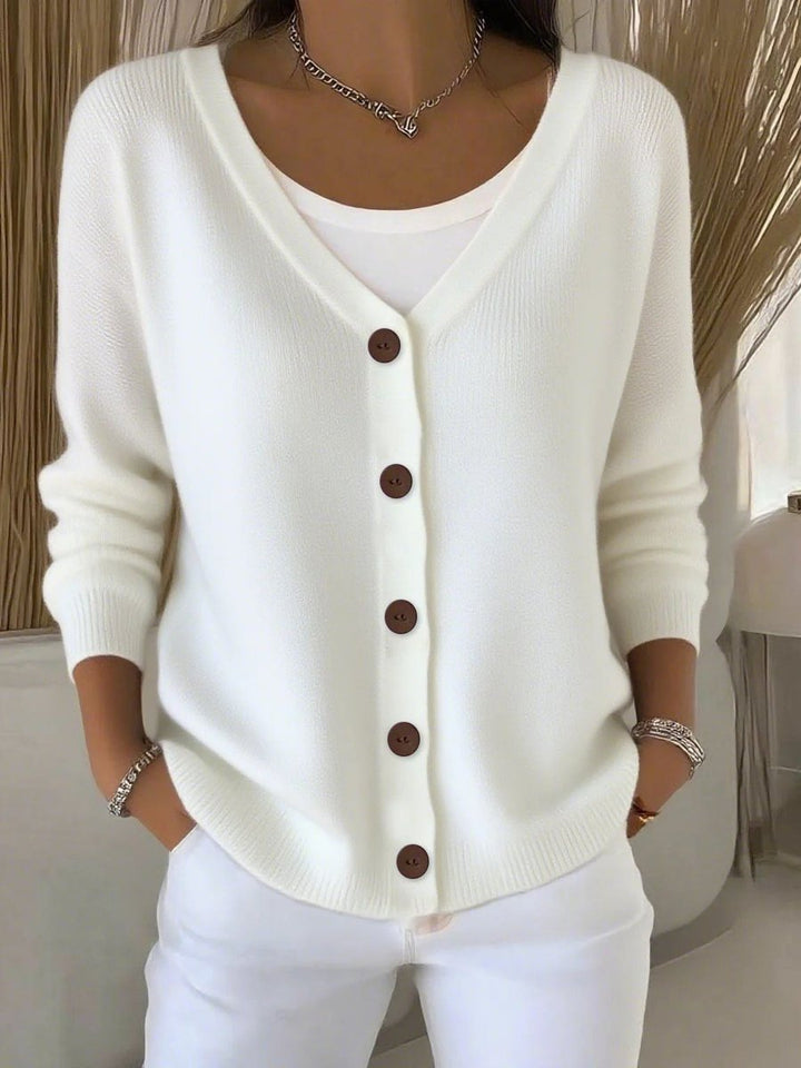 Adelina white button-front V-neck cardigan, front view