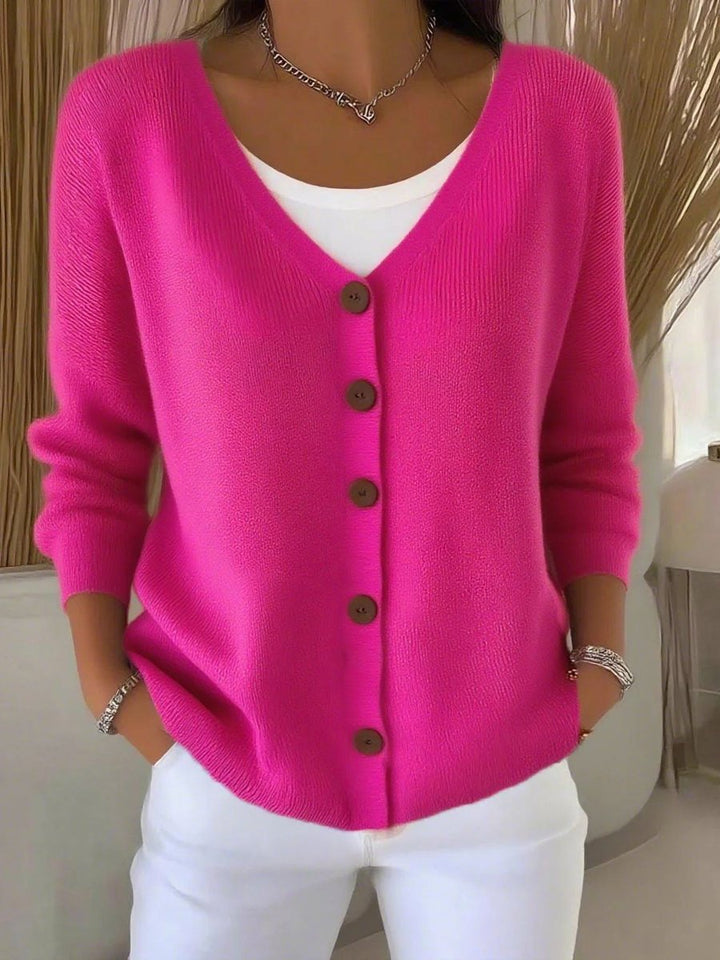 Adelina white button-front V-neck cardigan, front view