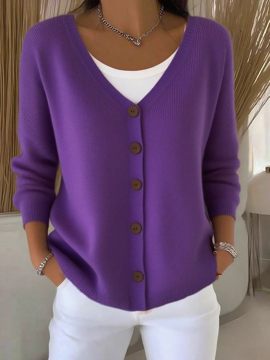 Adelina white button-front V-neck cardigan, front view
