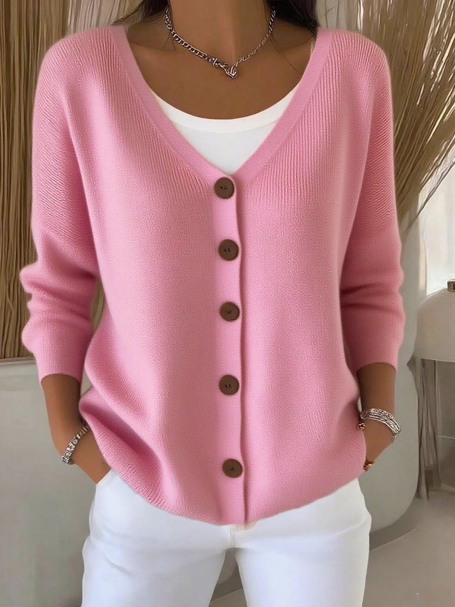 Adelina white button-front V-neck cardigan, front view