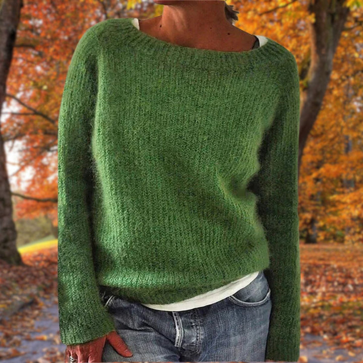 Adeline boat neck sweater in green, front view