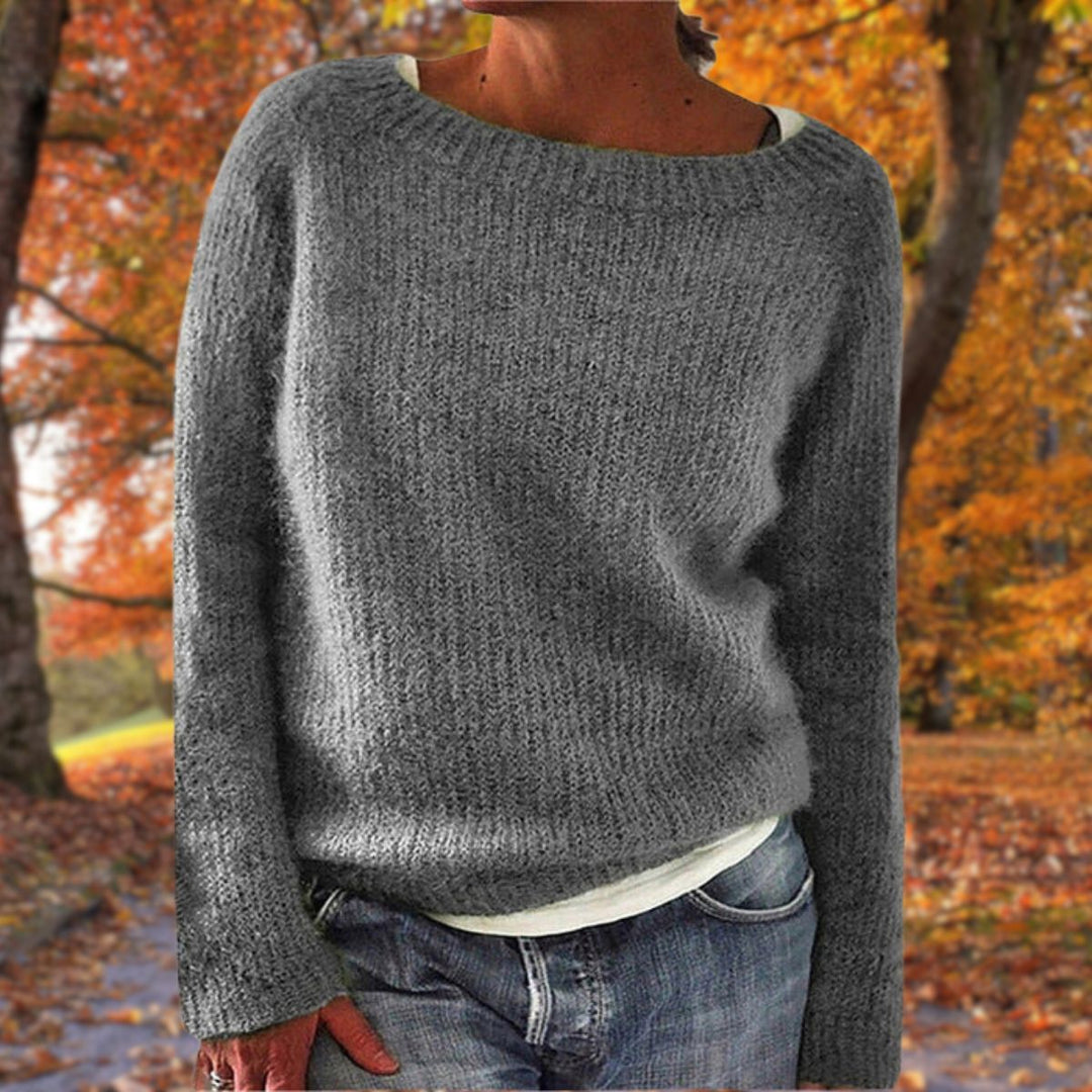 Adeline boat neck sweater in gray, front view