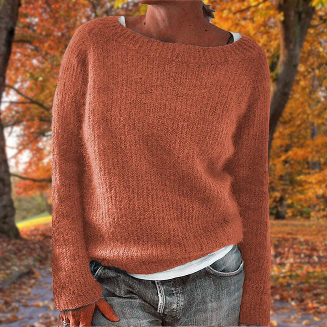 Adeline boat neck sweater in rust orange, front view