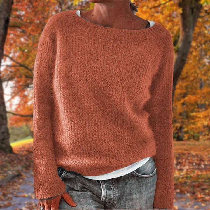 Adeline boat neck sweater in rust orange, front view