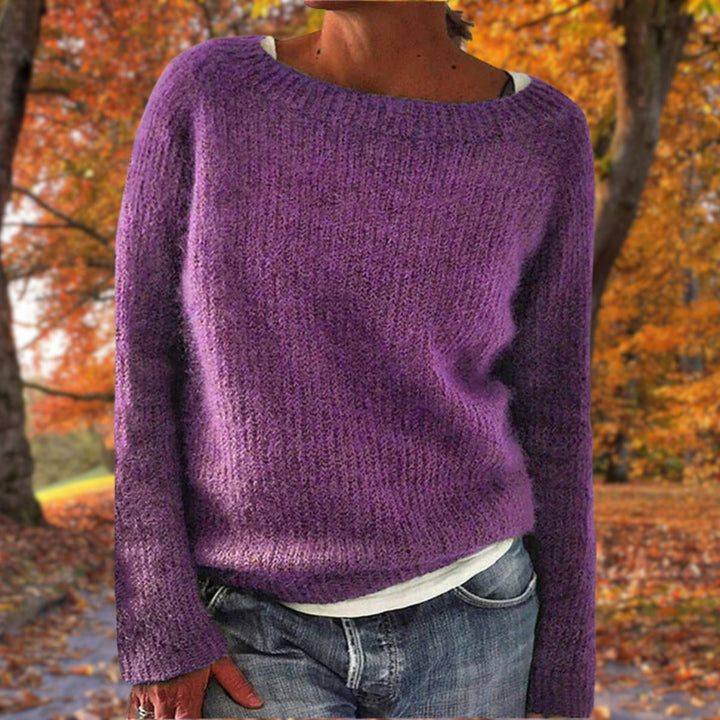 Adeline boat neck sweater in purple, front view