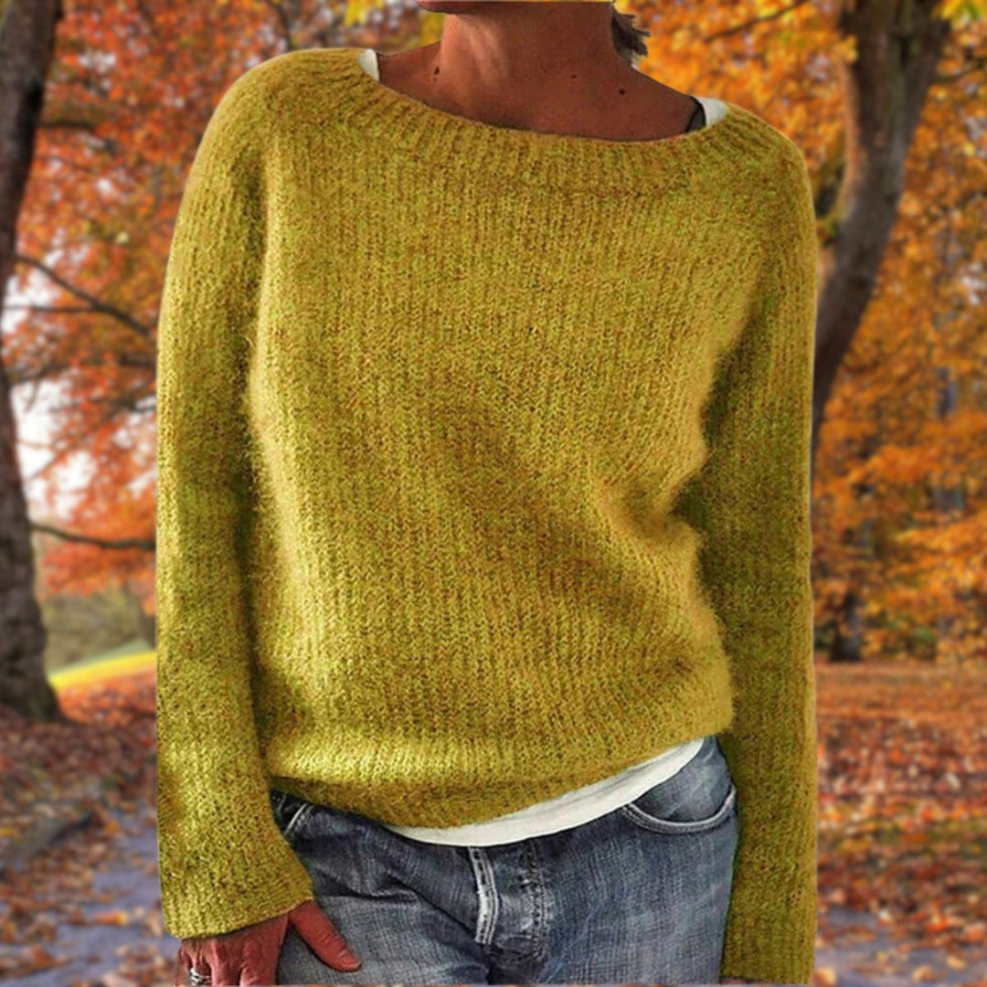 Adeline boat neck sweater in mustard yellow, front view