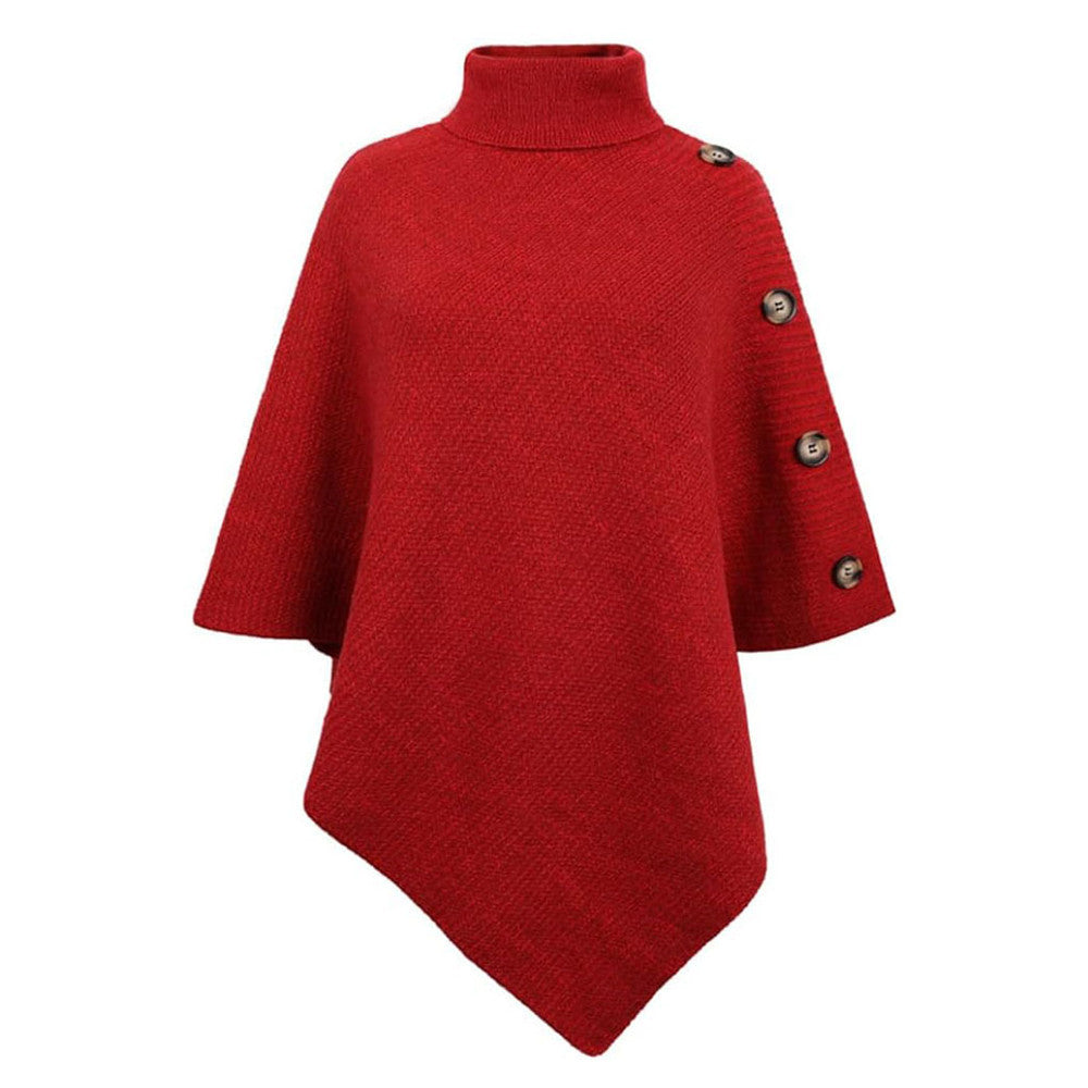 Adeline red button trim turtleneck poncho sweater, front view
