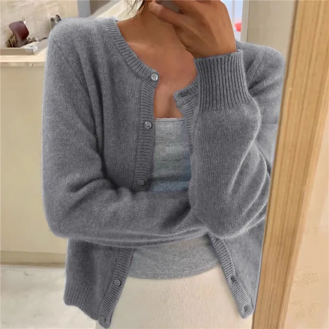 Adeline classic button front cardigan in grey, front view