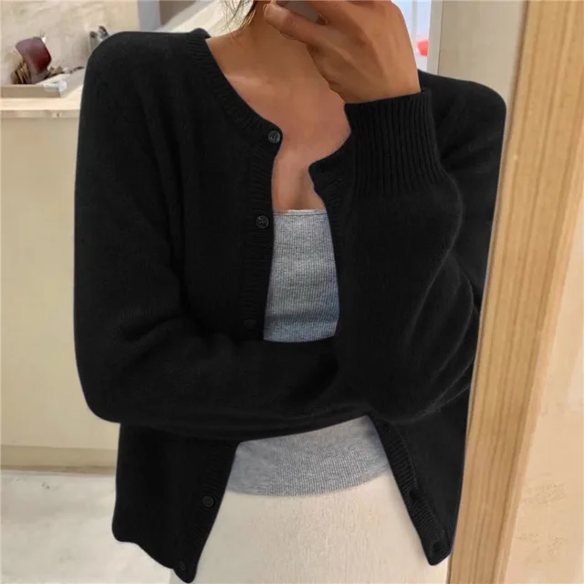Adeline classic button front cardigan in black, front view