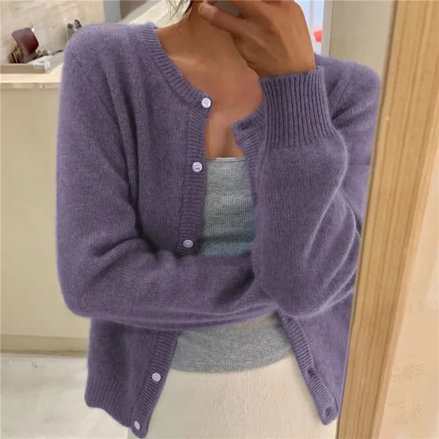 Adeline classic button front cardigan in purple, front view