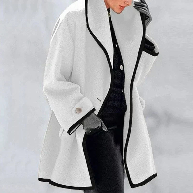 Adeline white trench coat with black contrast trim, front view