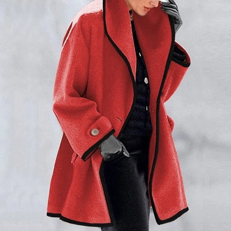 Adeline red trench coat with shawl collar, front view