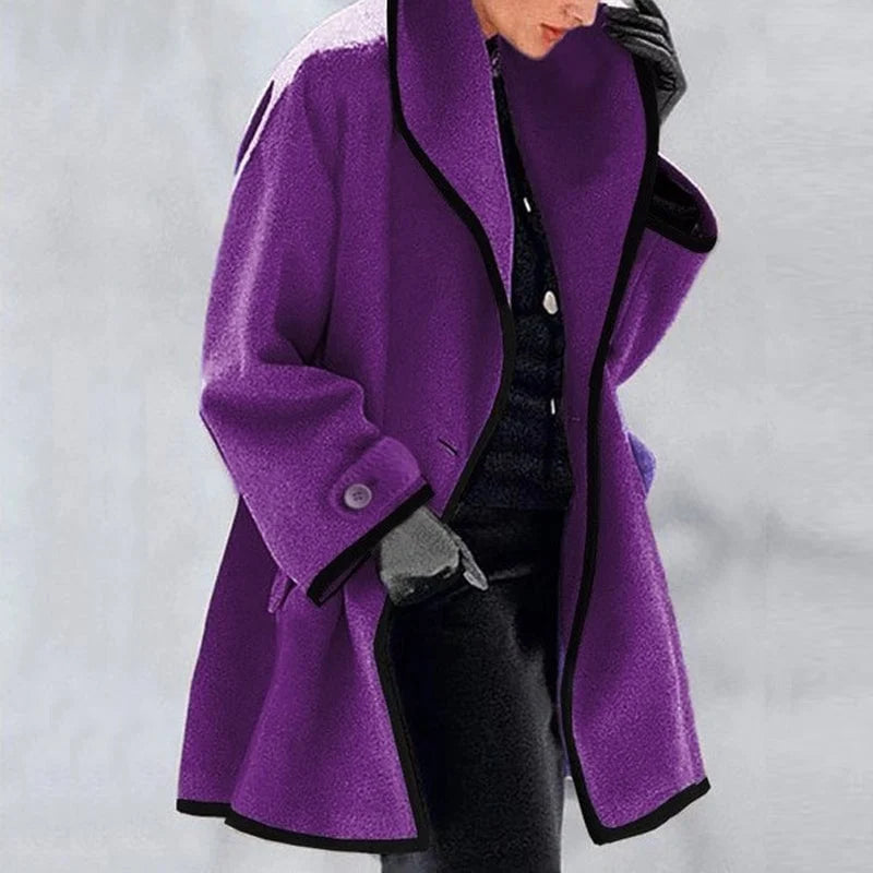 Adeline purple trench coat with long sleeves, front view