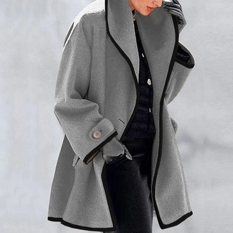 Adeline gray trench coat with contrast trim, side view