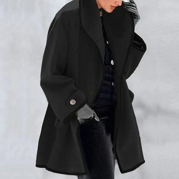 Adeline black trench coat with shawl collar, front view