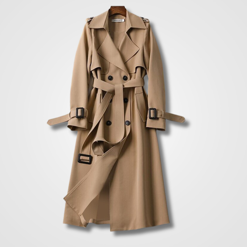 Adeline camel double-breasted trench coat, front view