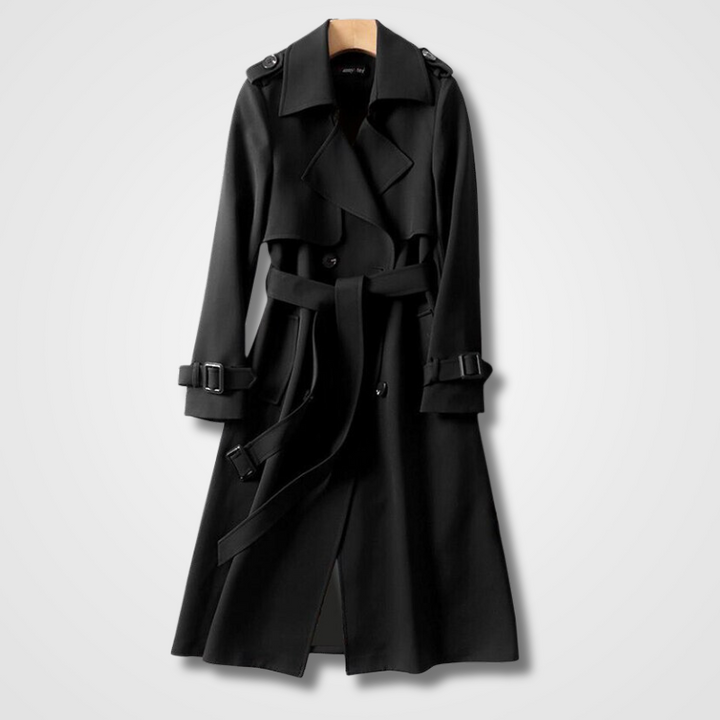 Adeline black double-breasted trench coat, front view