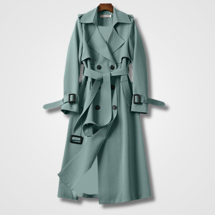 Adeline sage green double-breasted trench coat, front view