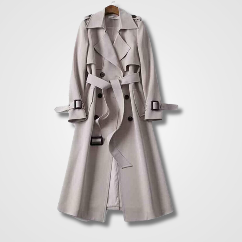 Adeline beige double-breasted trench coat, front view