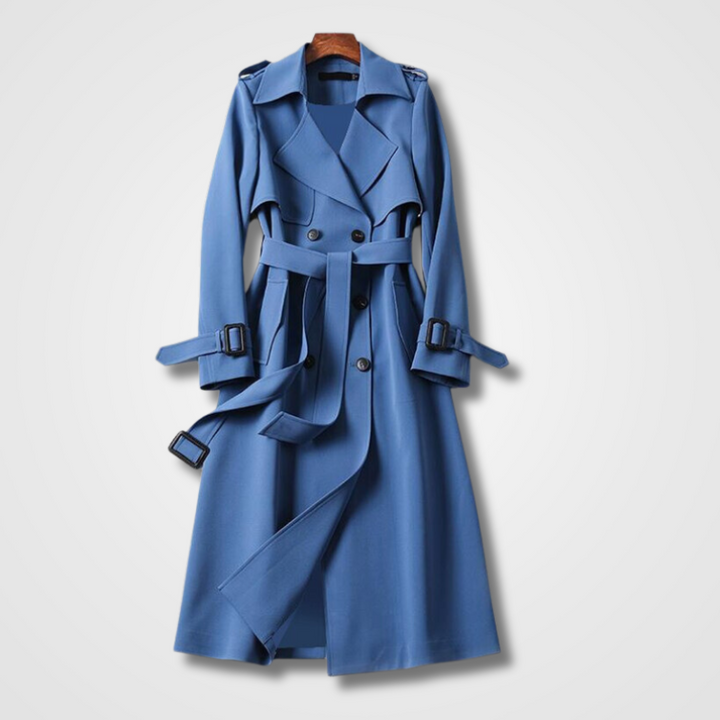 Adeline blue double-breasted trench coat, front view