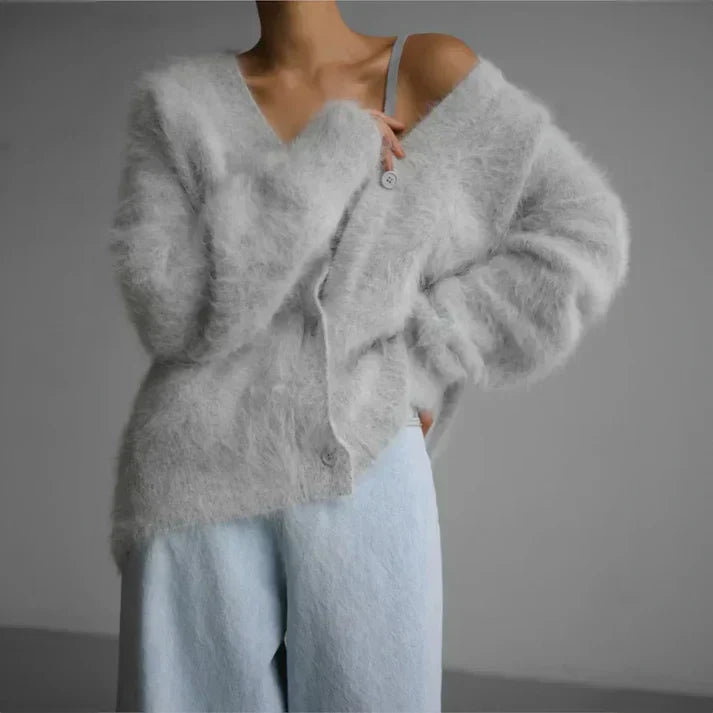 Adeline fuzzy cardigan in light gray, off-shoulder styling