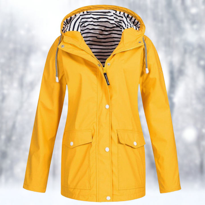 Adeline hooded rain jacket in yellow with striped lining, front view