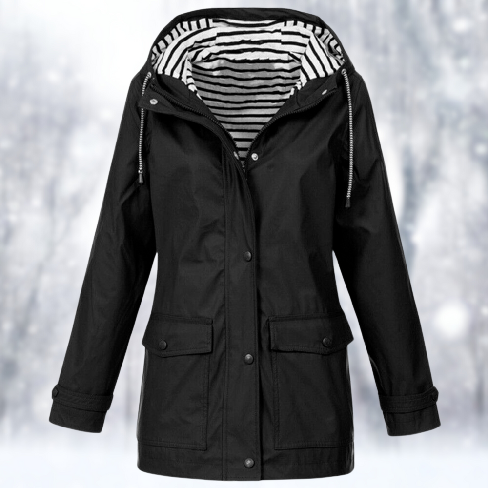 Adeline hooded rain jacket in black with striped lining, front view